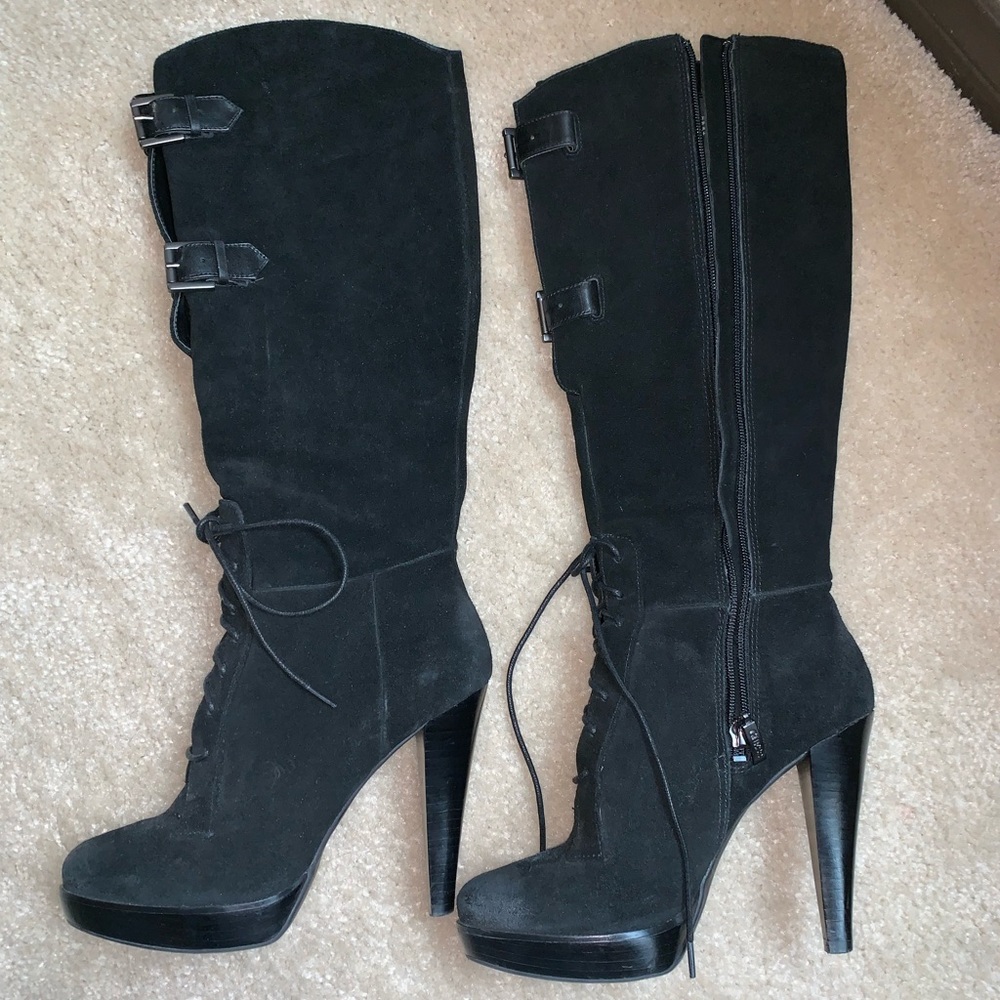 EUC black suede Guess heeled boots (zip/buckle up)